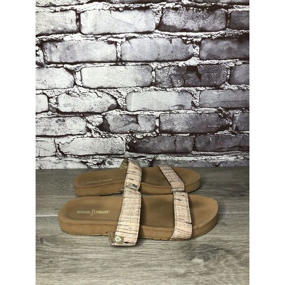 Minnetonka 532288 Pink Fabric Striped Casual Slides Sandals Women Sz 7M US/38EU - Picture 1 of 16